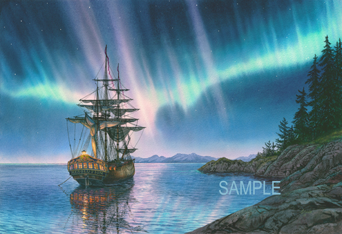 Cook's Ship HMS Resolution under the Northern Lights